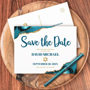 Bar Mitzvah Save the Date Turquoise Agate Script Invitation Postcard