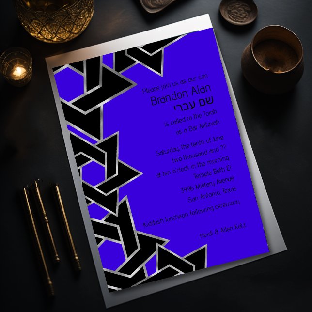 Bar Mitzvah Silver Black Star of David Invitation (Creator Uploaded)