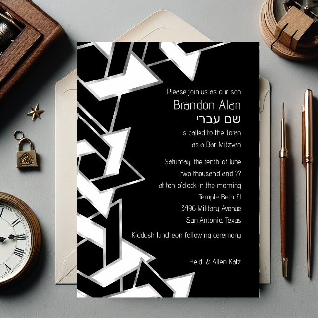 Bar Mitzvah Silver Black White Star of David Invitation (Creator Uploaded)