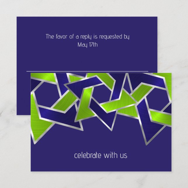 Bar Mitzvah Silver Blue Lime Green Star of David Invitation (Front/Back)
