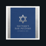 Bar Mitzvah Silver Blue Modern Simple Personalised Napkin<br><div class="desc">Elegant modern navy blue and silver classic modern minimal design personalised bar mitzvah luncheon and reception napkins with custom name,  date and Star of David. Silver is an authentic-looking faux silver texture effect,  NOT real foil.</div>