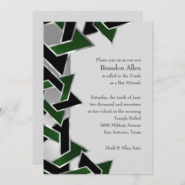 Bar Mitzvah Silver Green Black Star of David Invitation (Front/Back)