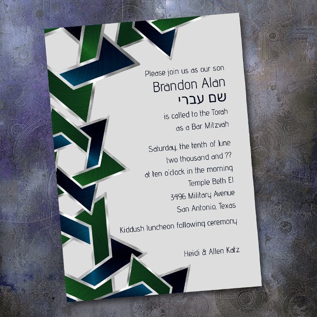Bar Mitzvah Silver Navy Blue Green Star of David Invitation (Creator Uploaded)