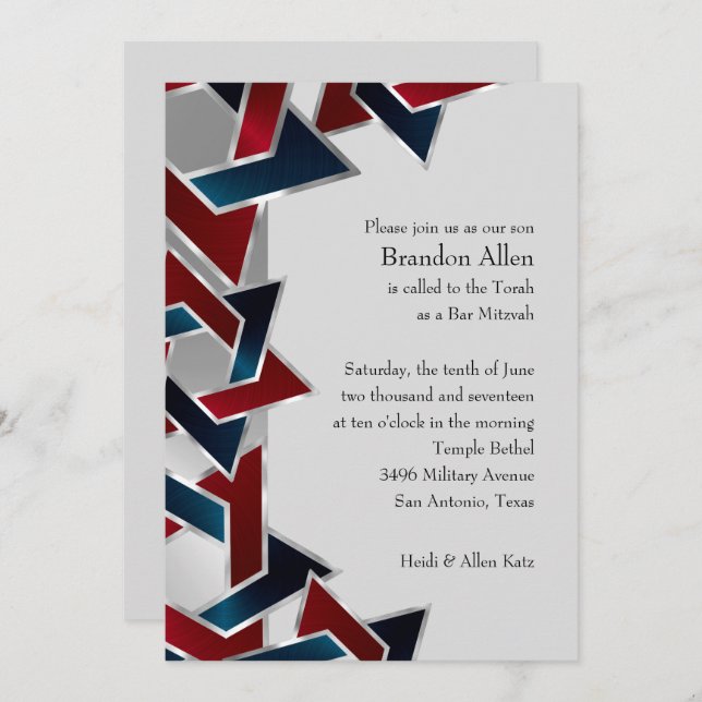 Bar Mitzvah Silver Navy Blue Red Star of David Invitation (Front/Back)