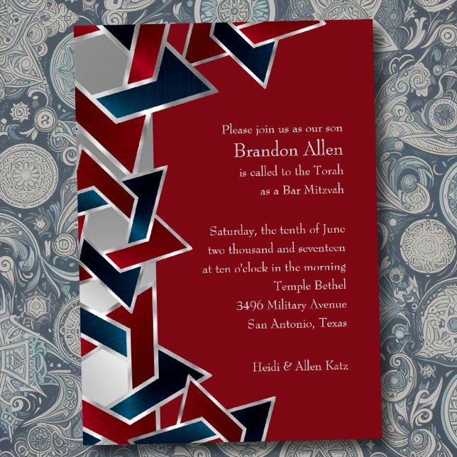 Bar Mitzvah Silver Navy Blue Red Star of David Invitation (Creator Uploaded)