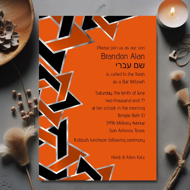 Bar Mitzvah Silver Orange Black Star of David Invitation (Creator Uploaded)
