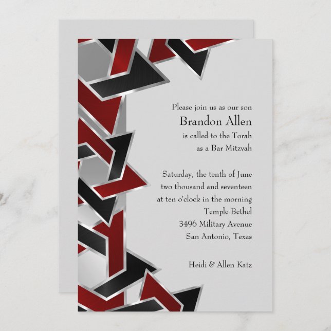 Bar Mitzvah Silver Red Black Star of David Invitation (Front/Back)