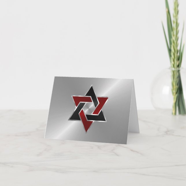 Bar Mitzvah Silver Red Black Star of David Thank You Card (Front)
