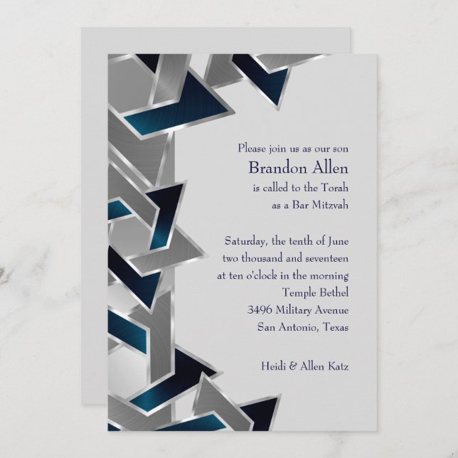 Bar Mitzvah Silver Teal Blue Grey Star of David Invitation (Front/Back)