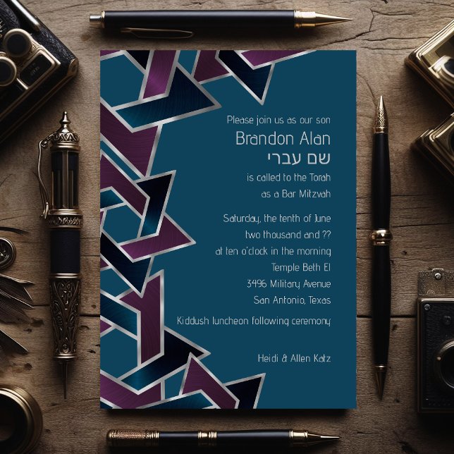 Bar Mitzvah Silver Teal Purple Star of David Invitation (Creator Uploaded)