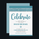 Bar Mitzvah Simple Modern Bold Teal Silver Tallit  Enclosure Card<br><div class="desc">Be proud, rejoice and showcase this milestone of your favourite Bar Mitzvah! Include this cool, unique, modern, personalised insert for additional information to your event. Bold, dusty teal blue script typography, Star of David and a dusty teal blue and silver glitter striped tallit inspired graphic overlay a simple, white background....</div>