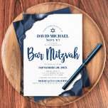 Bar Mitzvah Simple Modern Navy Blue Agate Script Invitation<br><div class="desc">Be proud, rejoice and showcase this milestone of your favourite Bar Mitzvah! Send out this cool, unique, modern, personalised invitation for an event to remember. Navy blue script typography and Star of David overlay simple, white background with steel blue agate accented with faux silver veins. Personalise the custom text with...</div>