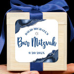 Bar Mitzvah Simple Modern Navy Blue Agate Script Square Sticker<br><div class="desc">Be proud, rejoice and showcase this milestone of your favourite Bar Mitzvah! Use this cool, unique, modern, personalised sticker to add to his special day. Navy blue script typography and a silver Star of David overlay a simple, white background with steel blue agate rocks accented with faux silver veins. Personalise...</div>