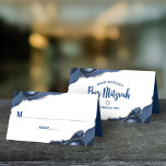 Bar Mitzvah Simple Modern Navy Blue Silver Agate<br><div class="desc">No Bar Mitzvah party is complete without personalized place cards. Let your favorite Bar Mitzvah be proud, rejoice and celebrate his milestone at his perfectly coordinated party. Navy blue typography and steel blue agate rocks accented with faux silver veins overlay a simple, white background. On the back, navy blue script...</div>