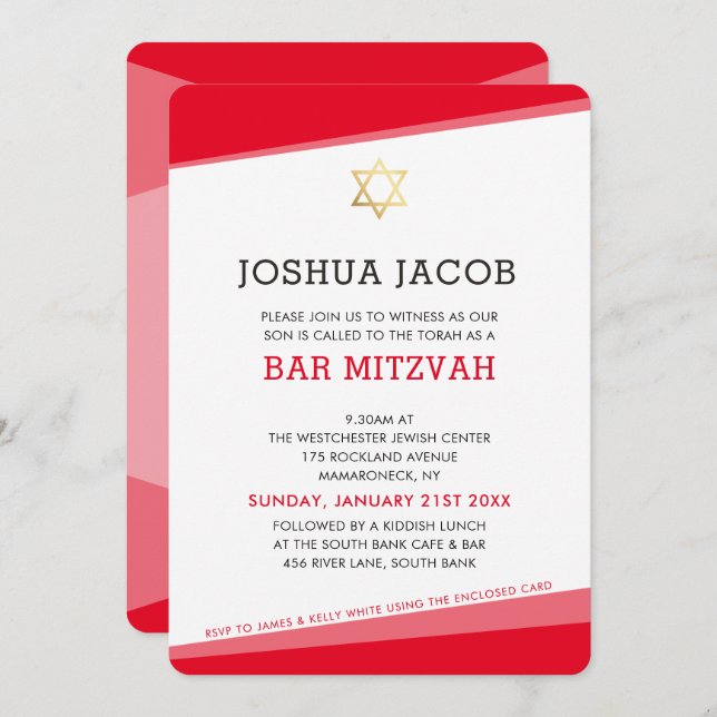 BAR MITZVAH simple modern red gold star Invitation (Front/Back)