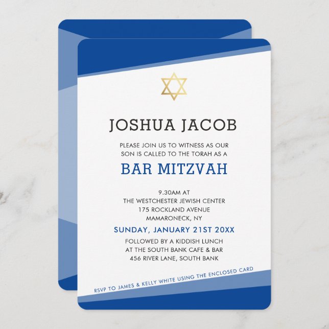 BAR MITZVAH simple modern royal blue gold star Invitation (Front/Back)