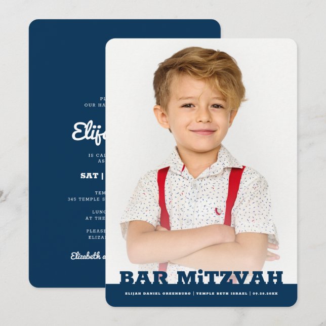 Bar Mitzvah Simple Modern Star of David Photo Invitation (Front/Back)