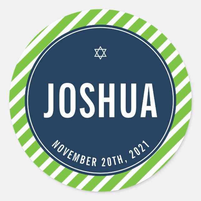 BAR MITZVAH simple modern stripe nfl green navy Classic Round Sticker (Front)