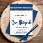 Bar Mitzvah Simple Modern Tallit Navy Blue Script Invitation<br><div class="desc">Be proud, rejoice and showcase this milestone of your favourite Bar Mitzvah! Send out this cool, unique, modern, personalised invitation for an event to remember. Bold, navy blue script typography, Star of David and a navy blue and silver glitter striped tallit inspired graphic overlay a simple, white background. Personalise the...</div>