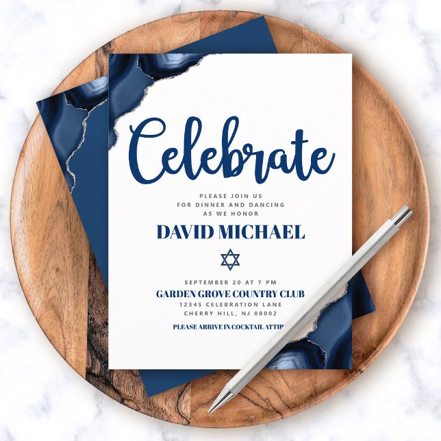 Bar Mitzvah Simple Navy Blue Agate Modern Script  Enclosure Card (Creator Uploaded)