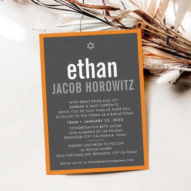 BAR MITZVAH simple star modern name grey orange Invitation (Creator Uploaded)