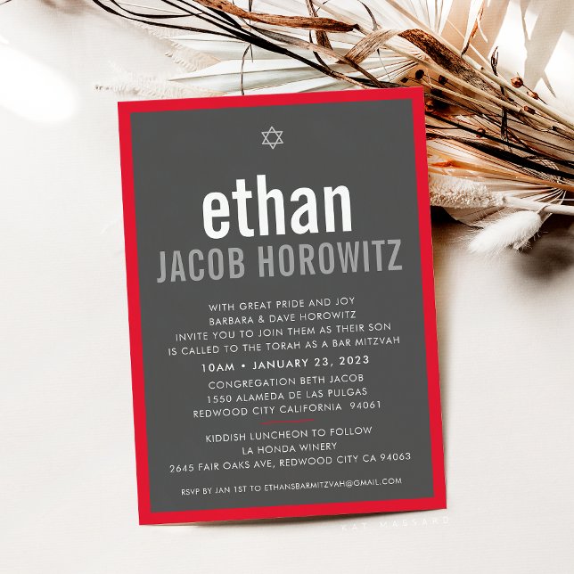 BAR MITZVAH simple star modern name grey red Invitation (Creator Uploaded)