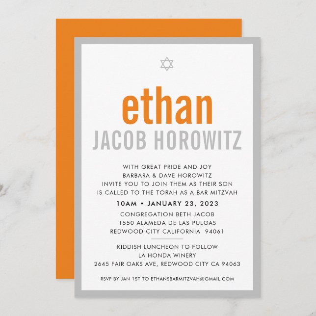 BAR MITZVAH simple star modern name orange grey Invitation (Front/Back)