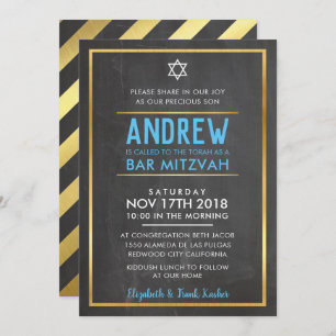 BAR MITZVAH smart bold type gold chalkboard blue Invitation