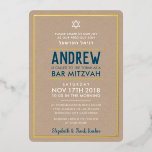 BAR MITZVAH smart bold type kraft navy blue<br><div class="desc">by kat massard >>> kat@simplysweetPAPERIE.com <<<
Bar Mitzvah invitation with real shiny foil accents.</div>
