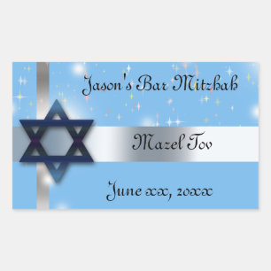 Bar Mitzvah, Star of David, Blue and Silver Rectangular Sticker