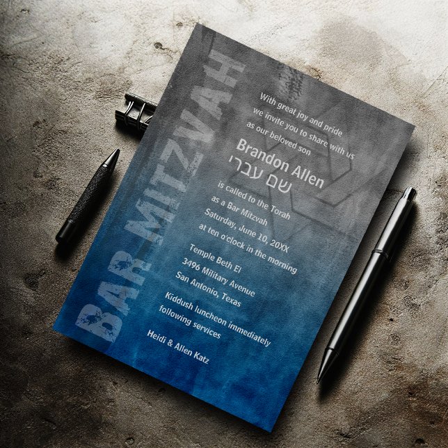 Bar Mitzvah Star of David Blue Grunge Invitation (Creator Uploaded)