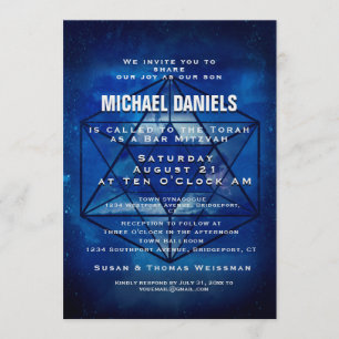 Bar Mitzvah Star of David Blue Space Invitation