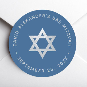 Bar Mitzvah Star of David Classic Blue Faux Silver Classic Round Sticker