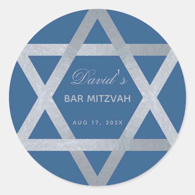 Bar Mitzvah Star of David Classic Blue Faux Silver Classic Round Sticker (Front)