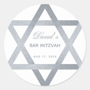 Bar Mitzvah Star of David Faux Silver Grey Script Classic Round Sticker