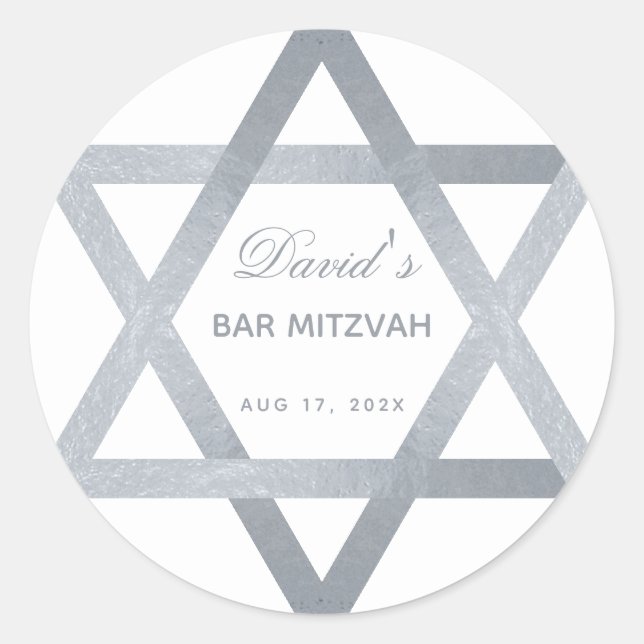 Bar Mitzvah Star of David Faux Silver Grey Script Classic Round Sticker (Front)