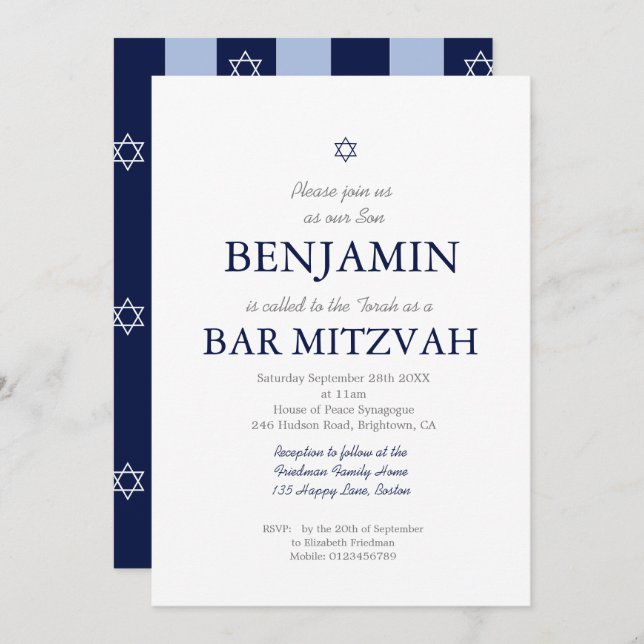 Bar Mitzvah Star of David Jewish Blue Stripe  Invi Invitation (Front/Back)