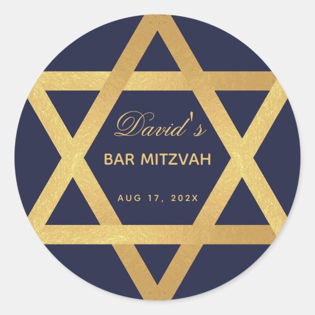 Bar Mitzvah Star of David Navy Blue Faux Gold Foil Classic Round Sticker (Front)