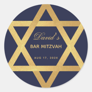 Bar Mitzvah Star of David Navy Blue Faux Gold Foil Classic Round Sticker