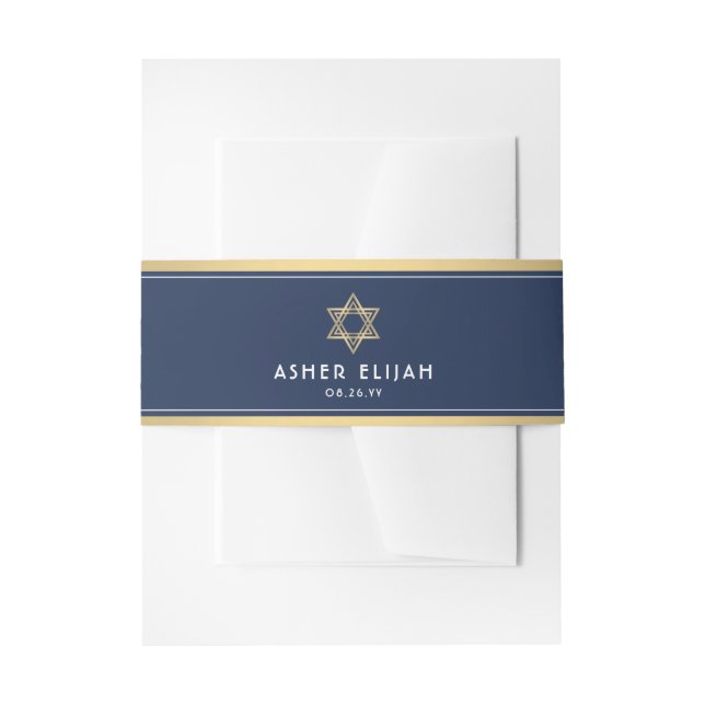 Bar Mitzvah Star of David Navy Blue White and Gold Invitation Belly Band (Front Example)
