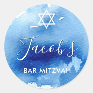 BAR MITZVAH star smart blue watercolor invite Classic Round Sticker