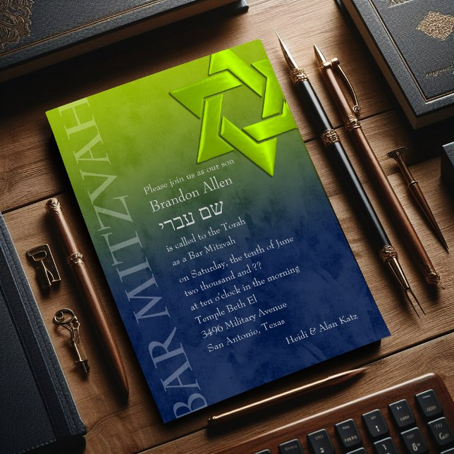 Bar Mitzvah Stylish Lime Green Star of David Ombre Invitation (Creator Uploaded)
