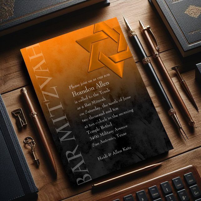 Bar Mitzvah Stylish Orange Star of David Ombre Invitation (Creator Uploaded)