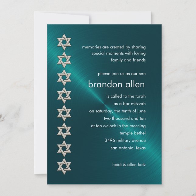 Bar Mitzvah Teal  Sheen Silver Stars of David Invitation (Front)