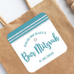 Bar Mitzvah Teal Silver Tallit Bold Script Modern Square Sticker<br><div class="desc">Be proud, rejoice and showcase this milestone of your favourite Bar Mitzvah! Use this cool, unique, modern, personalised sticker to add to his special day. Bold, dusty teal blue green script typography, a silver Star of David and a dusty teal blue green and silver glitter striped tallit inspired graphic overlay...</div>