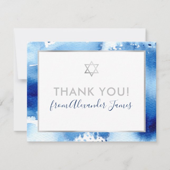BAR MITZVAH thank you silver star blue watercolor (Front)