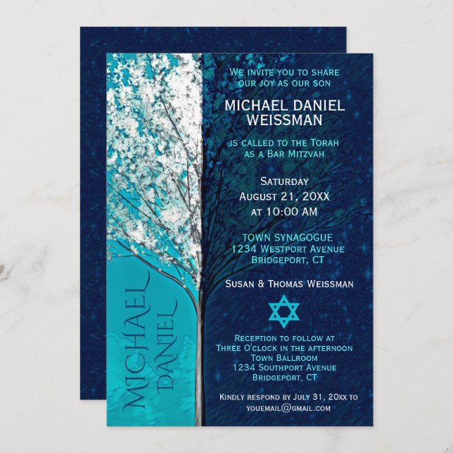 Bar Mitzvah Tree of Life w/ Stars Invitation (Front/Back)