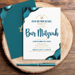 Bar Mitzvah Turquoise Agate Script Hebrew Name Invitation<br><div class="desc">Be proud, rejoice and showcase this milestone of your favourite Bar Mitzvah! Send out this cool, unique, modern, personalised, Hebrew name invitation for an event to remember. Dark teal blue script typography and faux gold Star of David overlay simple, clean white background with turquoise blue agate accented with faux gold...</div>