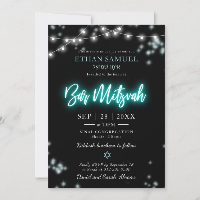 Bar Mitzvah Turquoise Neon Themed Invitation (Front)
