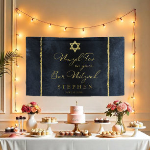 Bar Mitzvah Watercolor Banner Abstract Blue Gilded